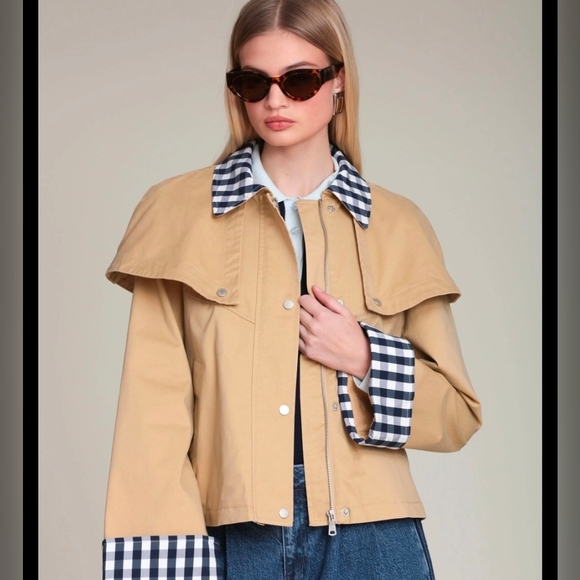Avec Les Filles Jackets & Blazers - 🤎🔹️Avec Les Filles🔹️ Khaki Gingham Trim Cotton Cape Jacket